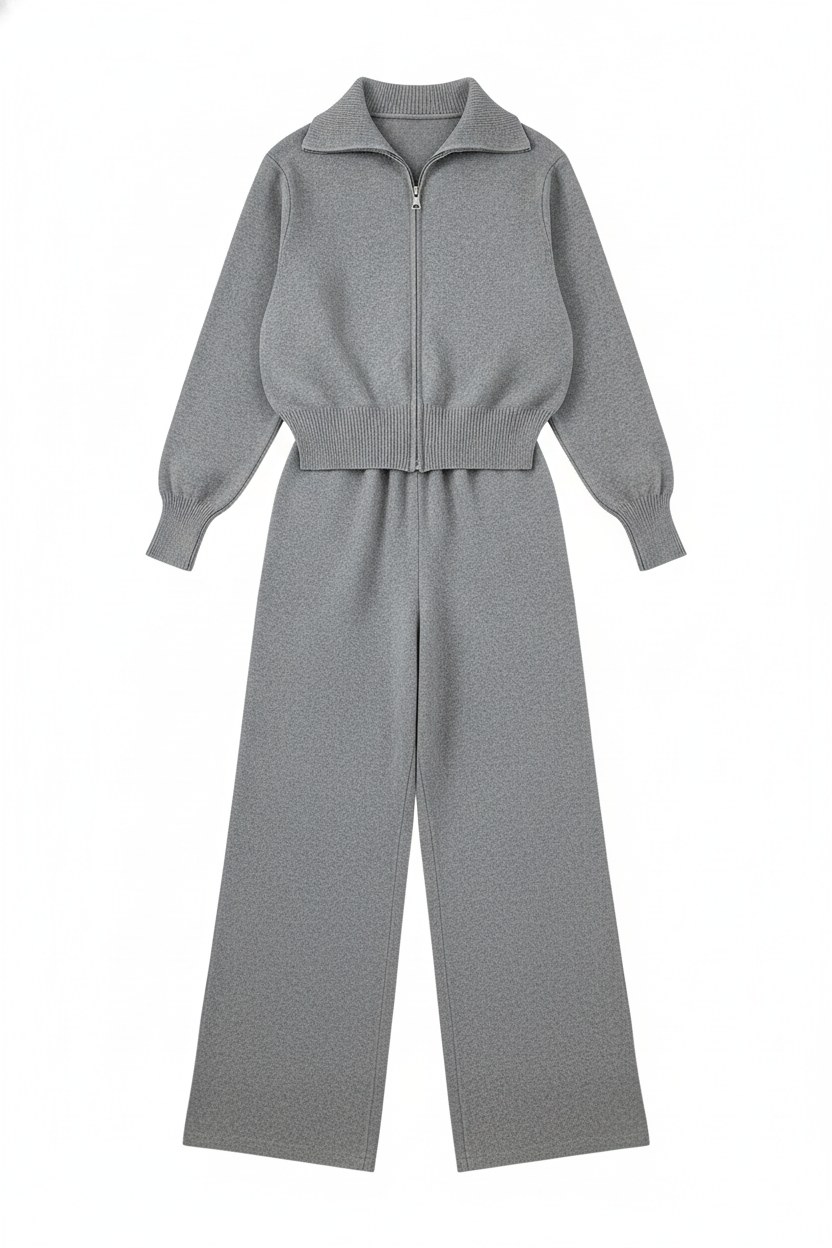 Knit Full-Zip Polo Collar Wide-Leg Pants Set