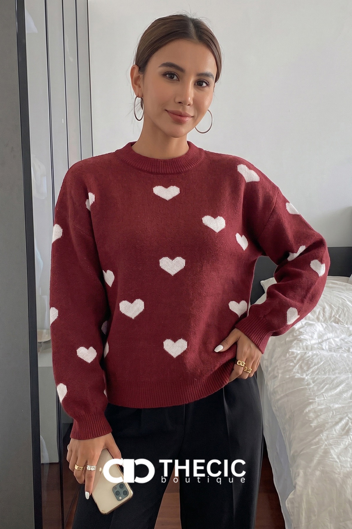 Knit Heart Print Crew Neck Pullover Sweater