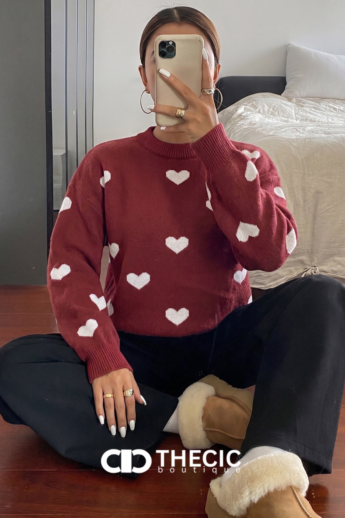 Knit Heart Print Crew Neck Pullover Sweater