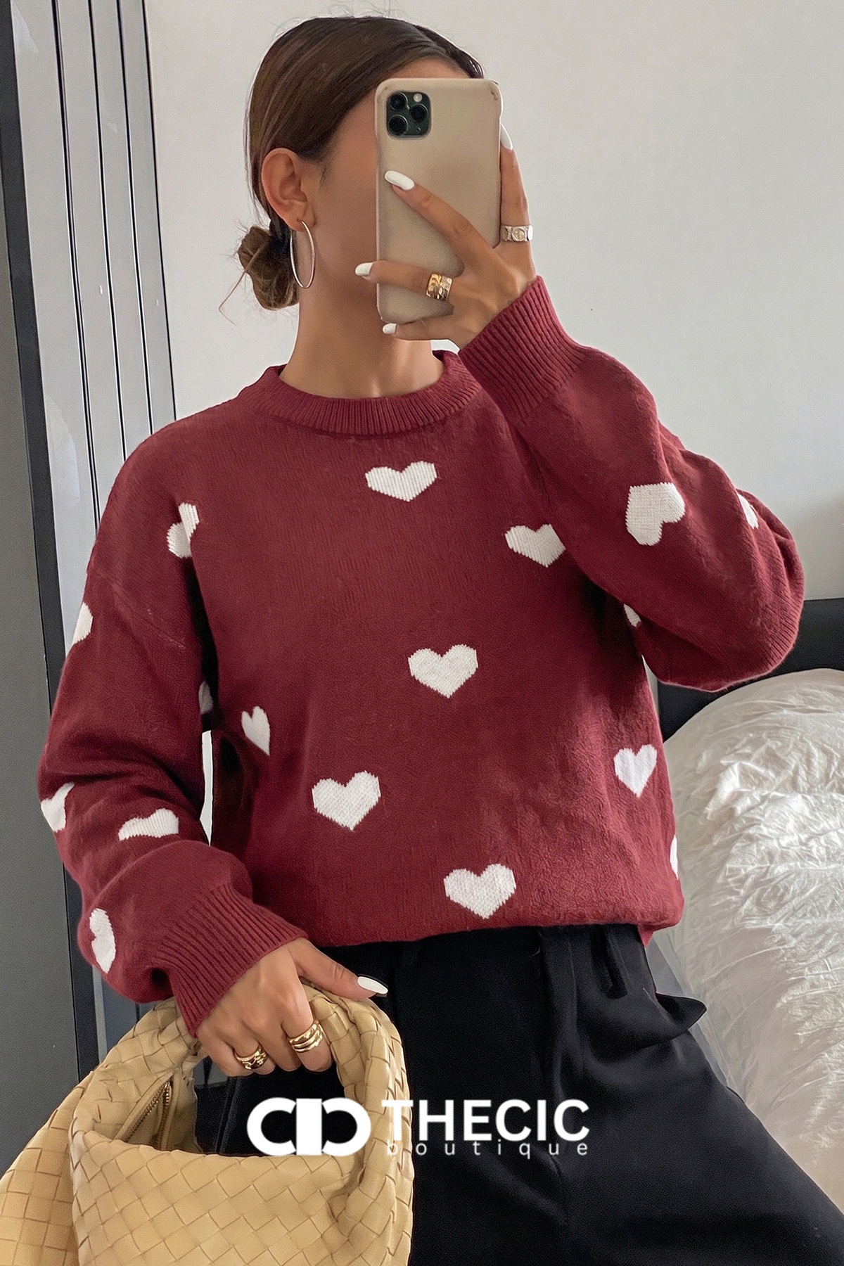 Knit Heart Print Crew Neck Pullover Sweater