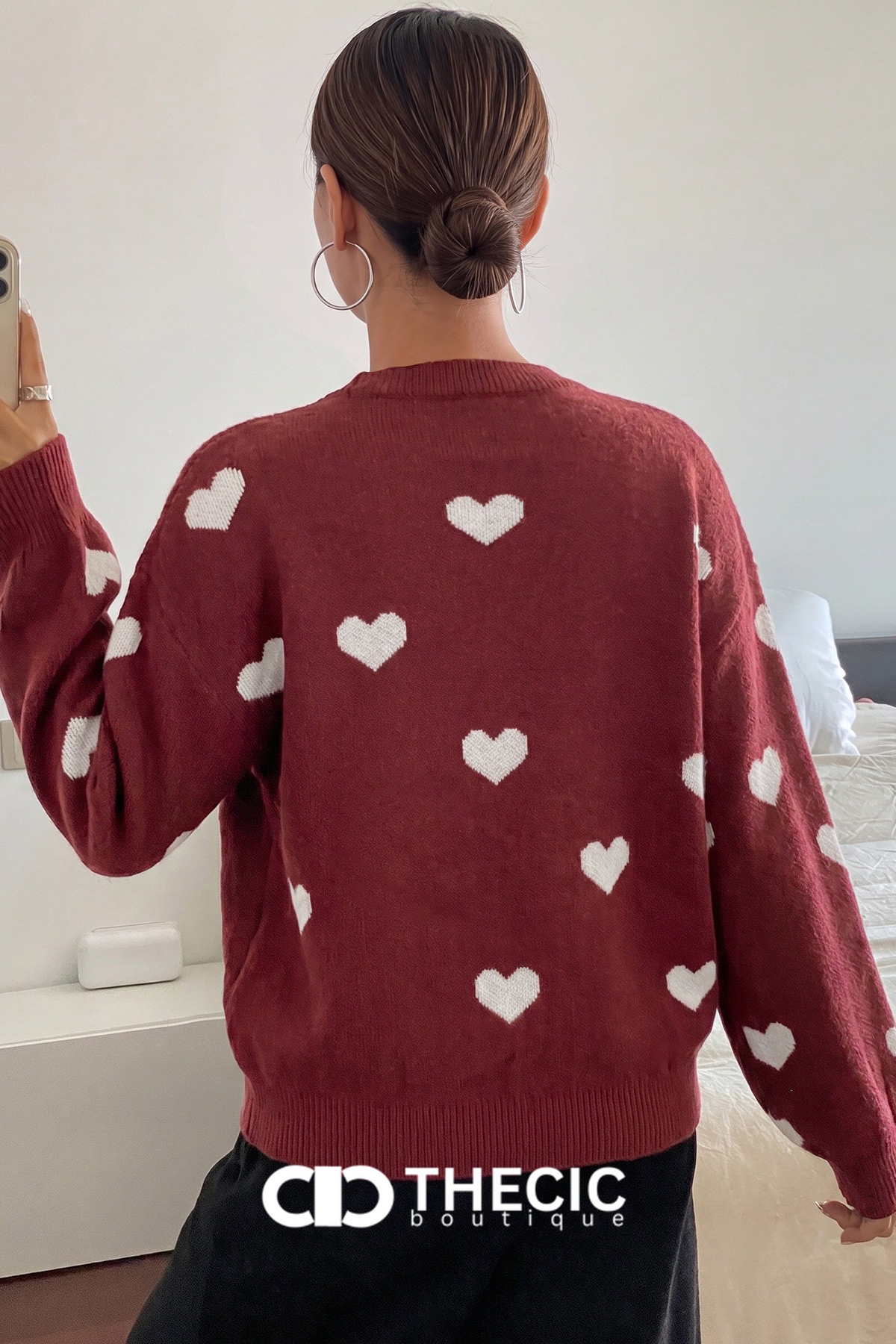 Knit Heart Print Crew Neck Pullover Sweater