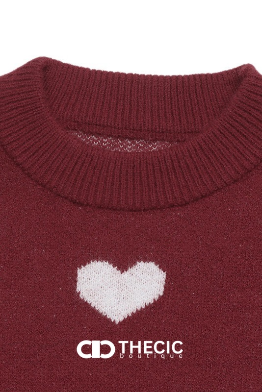 Knit Heart Print Crew Neck Pullover Sweater