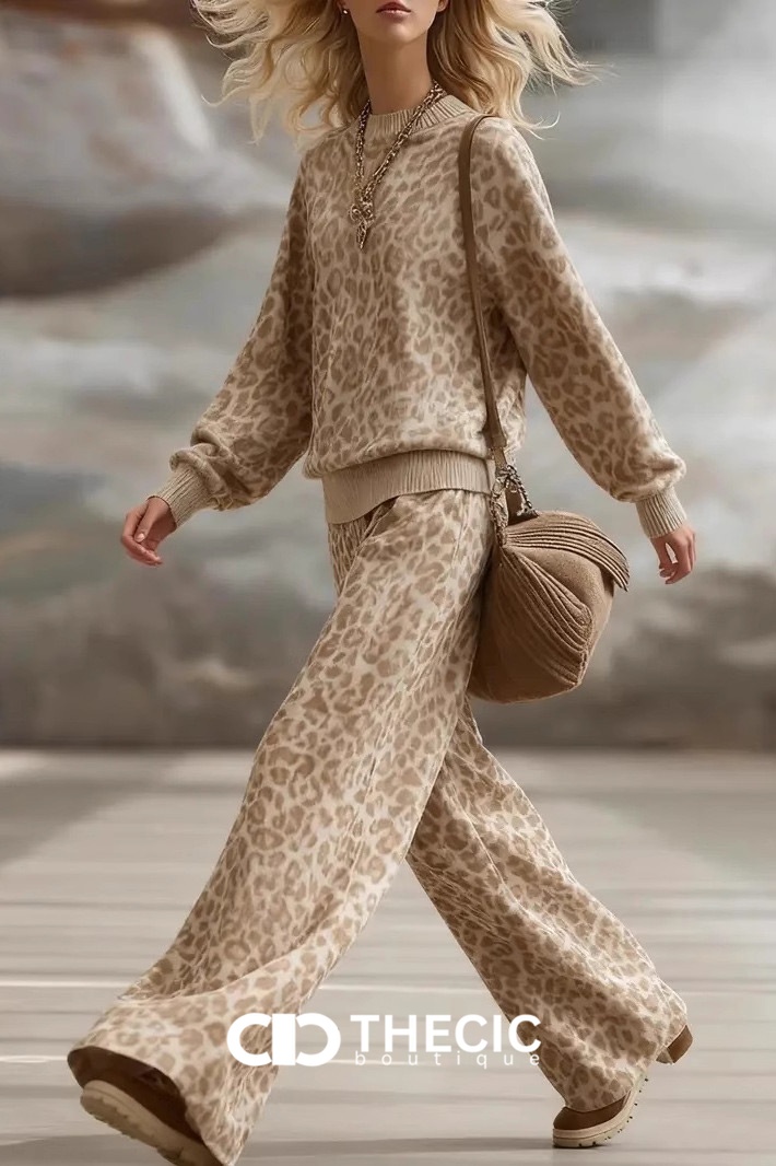 Knit Leopard Print Crew Neck Wide-Leg Two-Piece Set