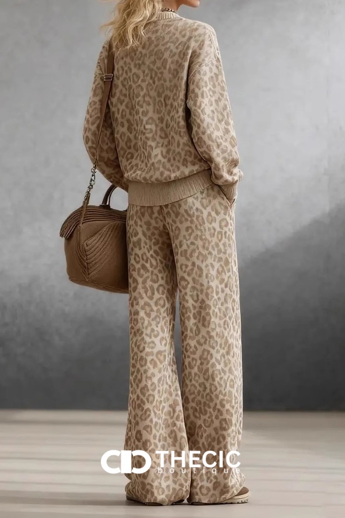 Knit Leopard Print Crew Neck Wide-Leg Two-Piece Set