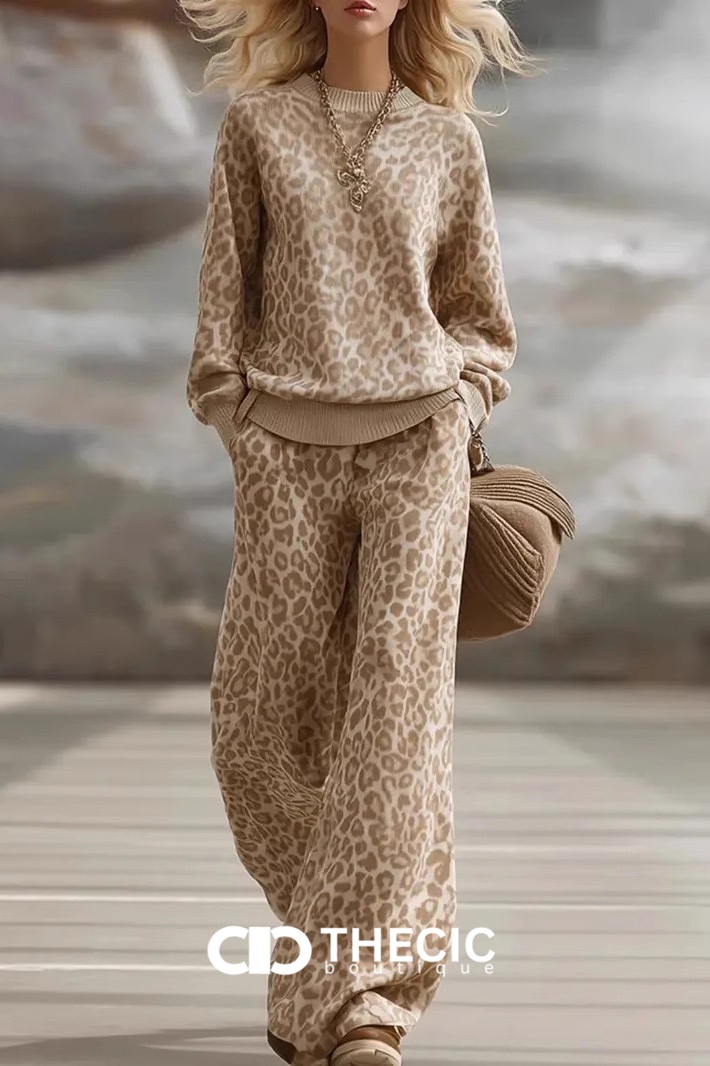 Knit Leopard Print Crew Neck Wide-Leg Two-Piece Set