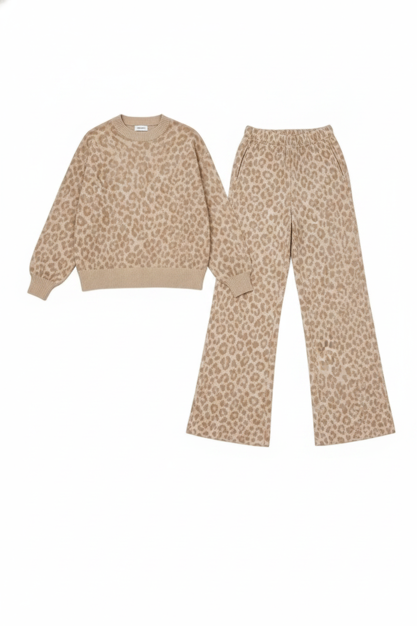 Knit Leopard Print Crew Neck Wide-Leg Two-Piece Set