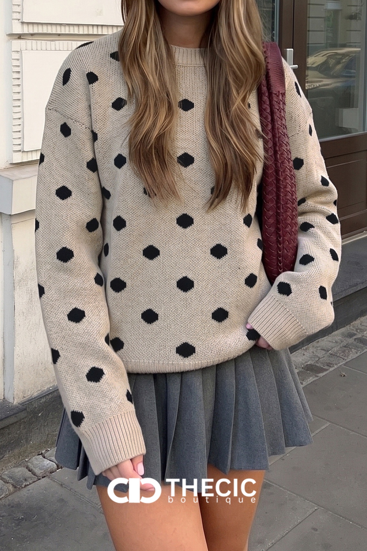 Knit Polka Dot Crew Neck Sweater