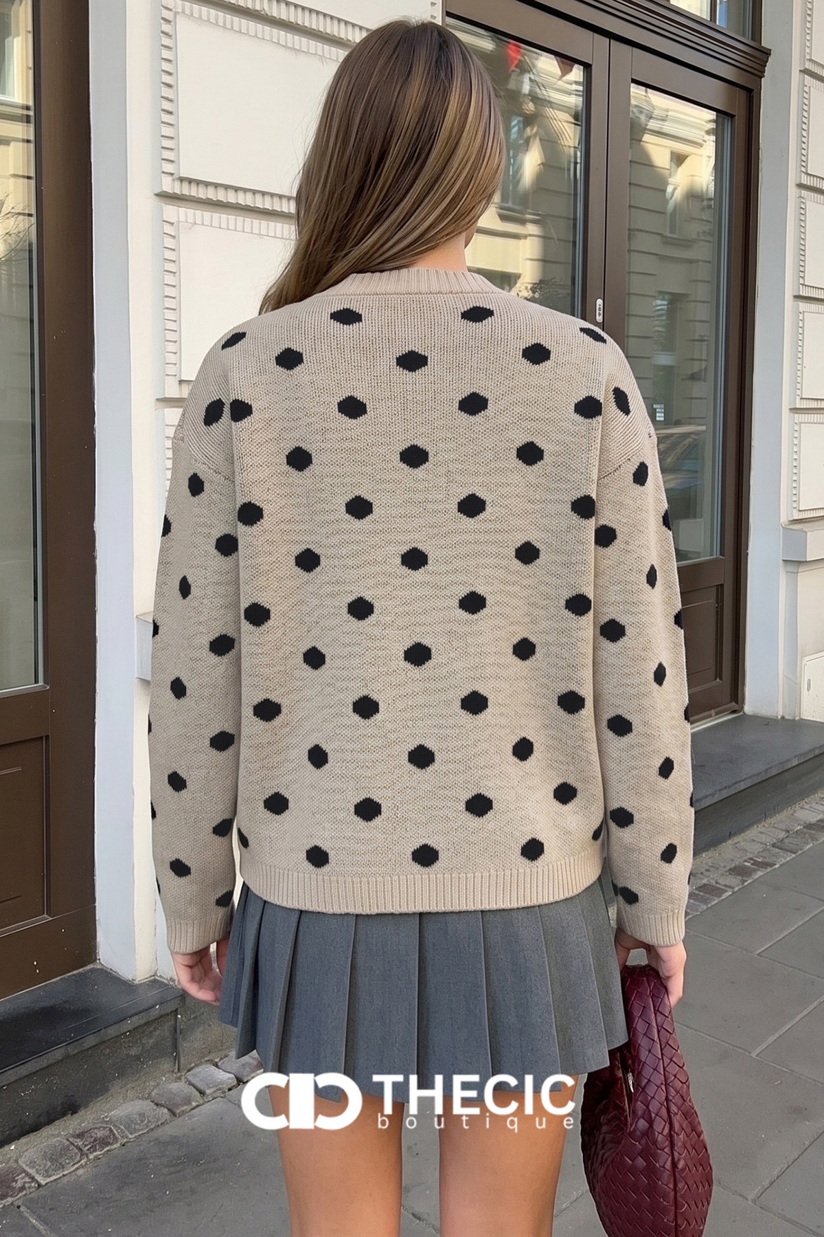 Knit Polka Dot Crew Neck Sweater