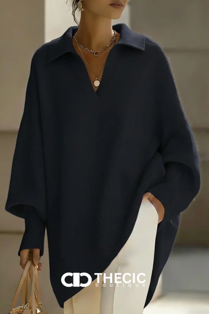 Knit Polo Collar Oversized Batwing Sweater