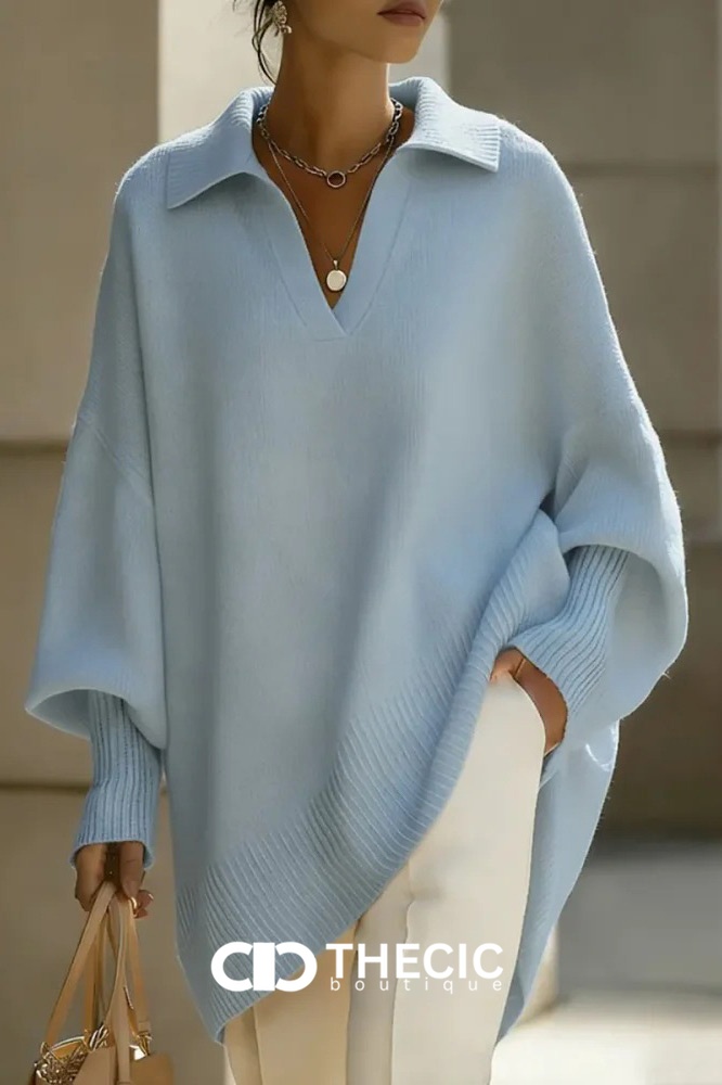 Knit Polo Collar Oversized Batwing Sweater