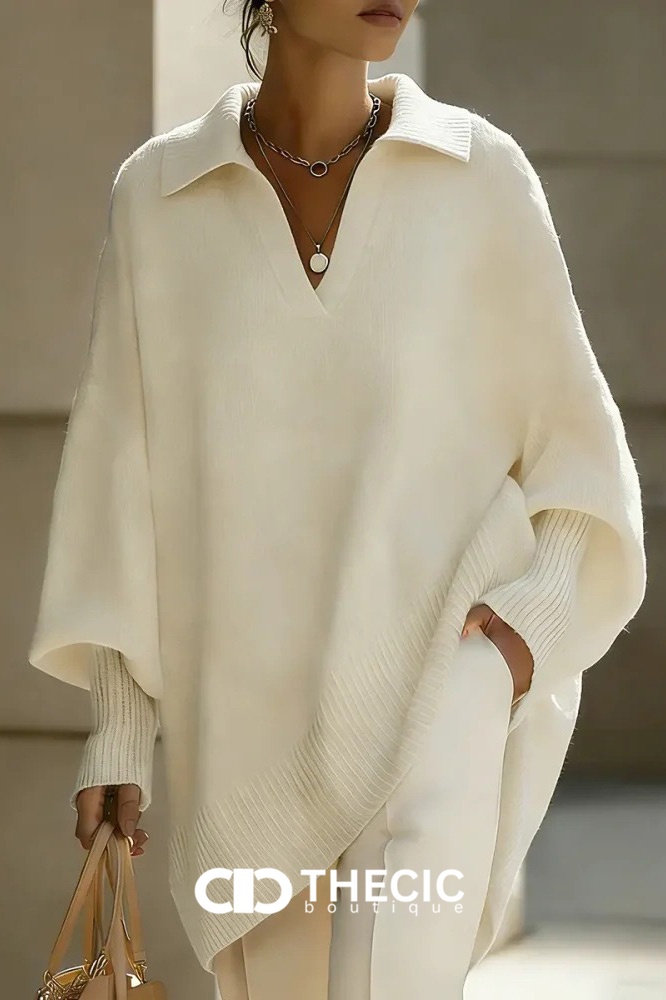 Knit Polo Collar Oversized Batwing Sweater