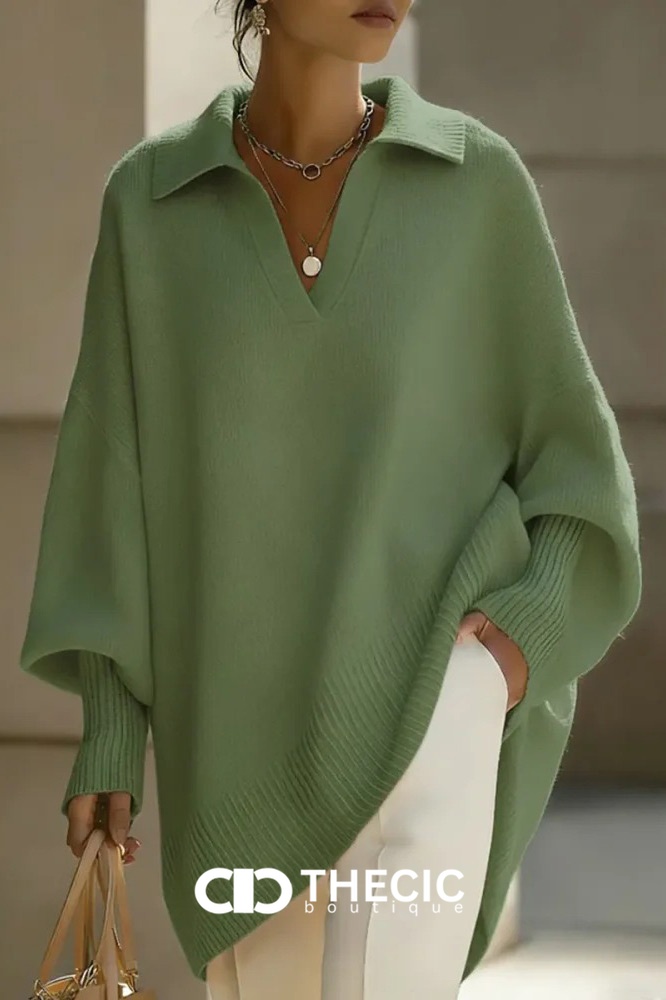Knit Polo Collar Oversized Batwing Sweater
