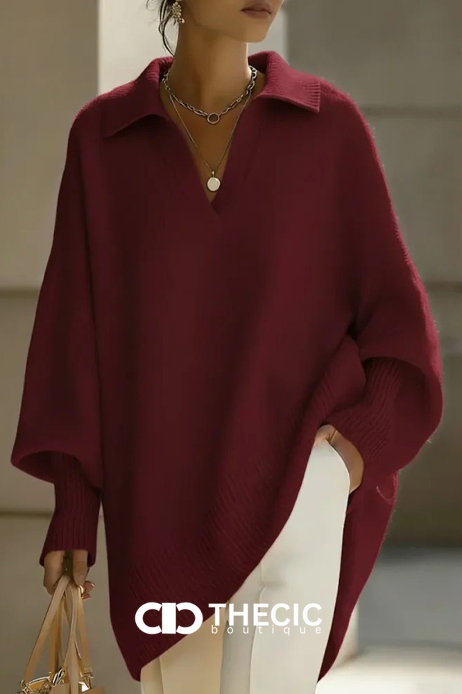 Knit Polo Collar Oversized Batwing Sweater