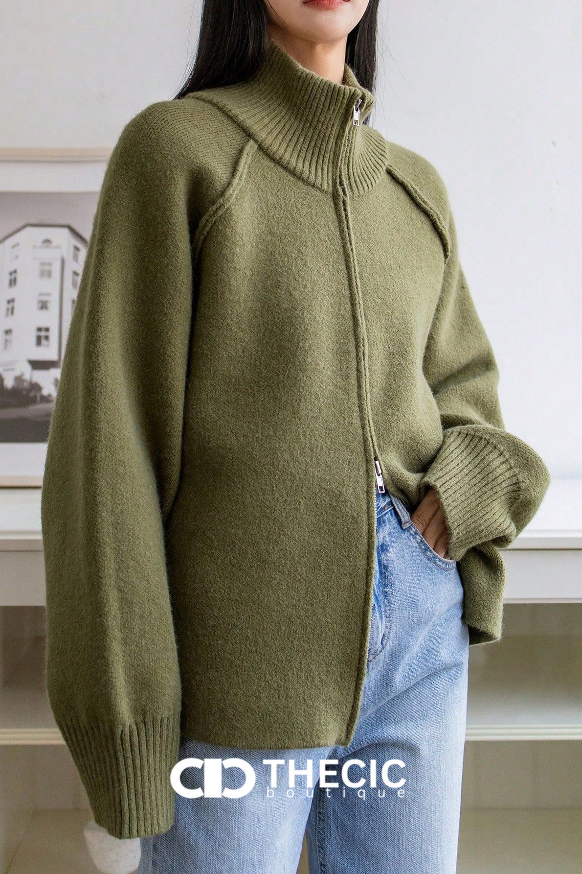 Knit Raglan Sleeve Full-Zip Jacket