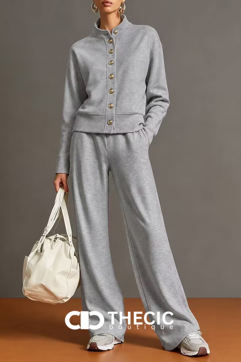 Knit Stand-Collar Button-Front Cardigan Wide-Leg Pants Set