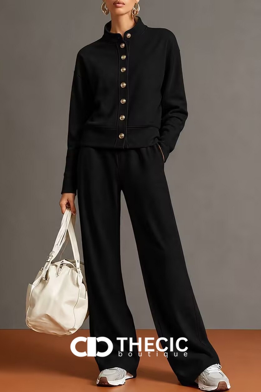 Knit Stand-Collar Button-Front Cardigan Wide-Leg Pants Set