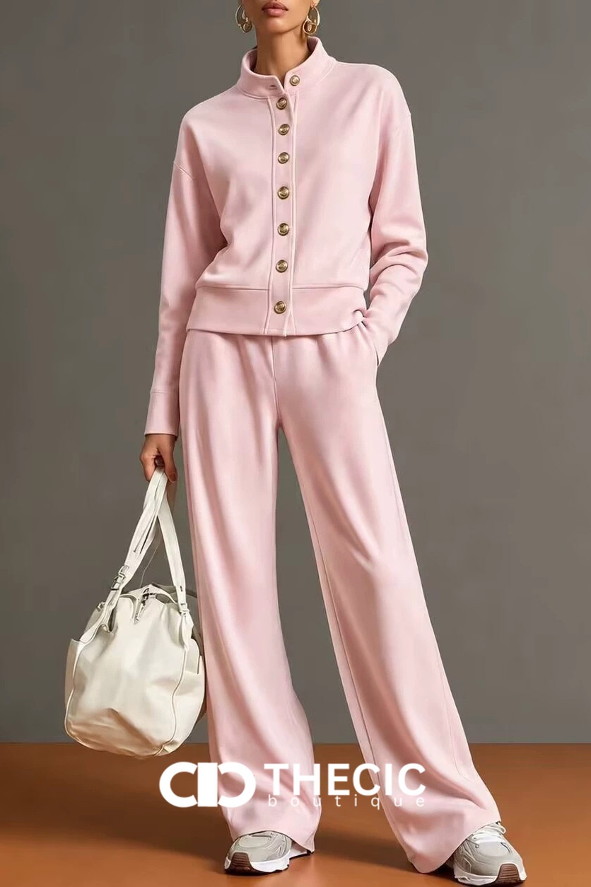 Knit Stand-Collar Button-Front Cardigan Wide-Leg Pants Set
