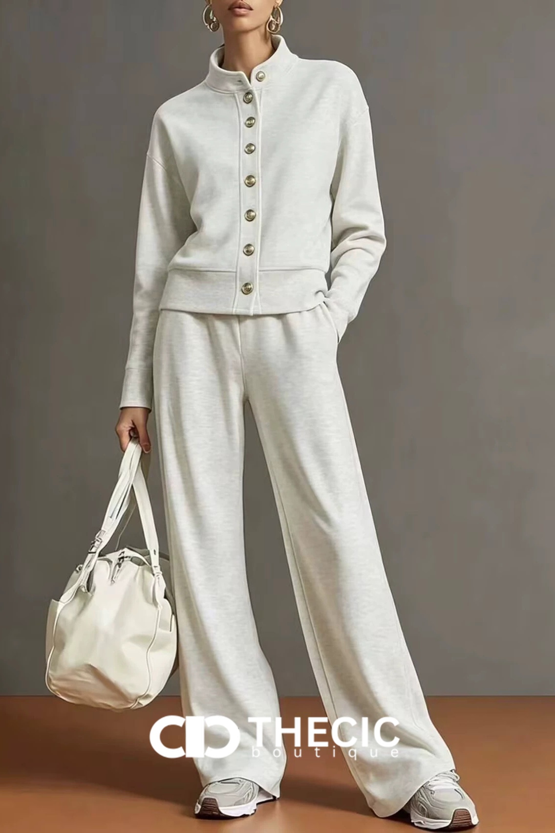 Knit Stand-Collar Button-Front Cardigan Wide-Leg Pants Set