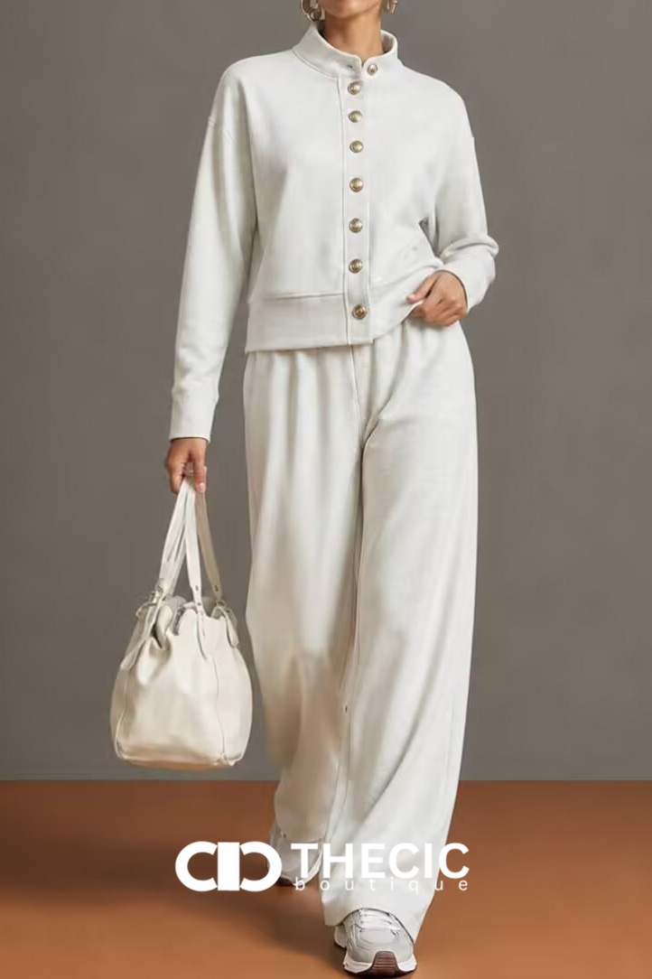 Knit Stand-Collar Button-Front Cardigan Wide-Leg Pants Set