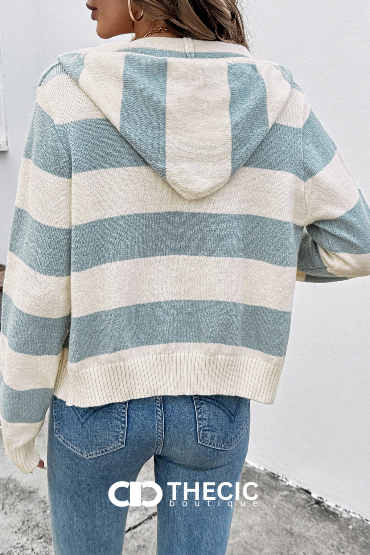 Knit Striped Hooded Zipper Jacket