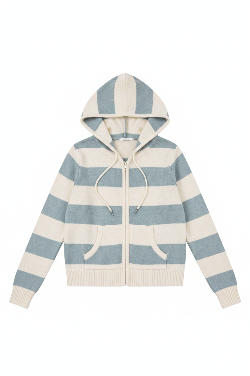 Knit Striped Hooded Zipper Jacket