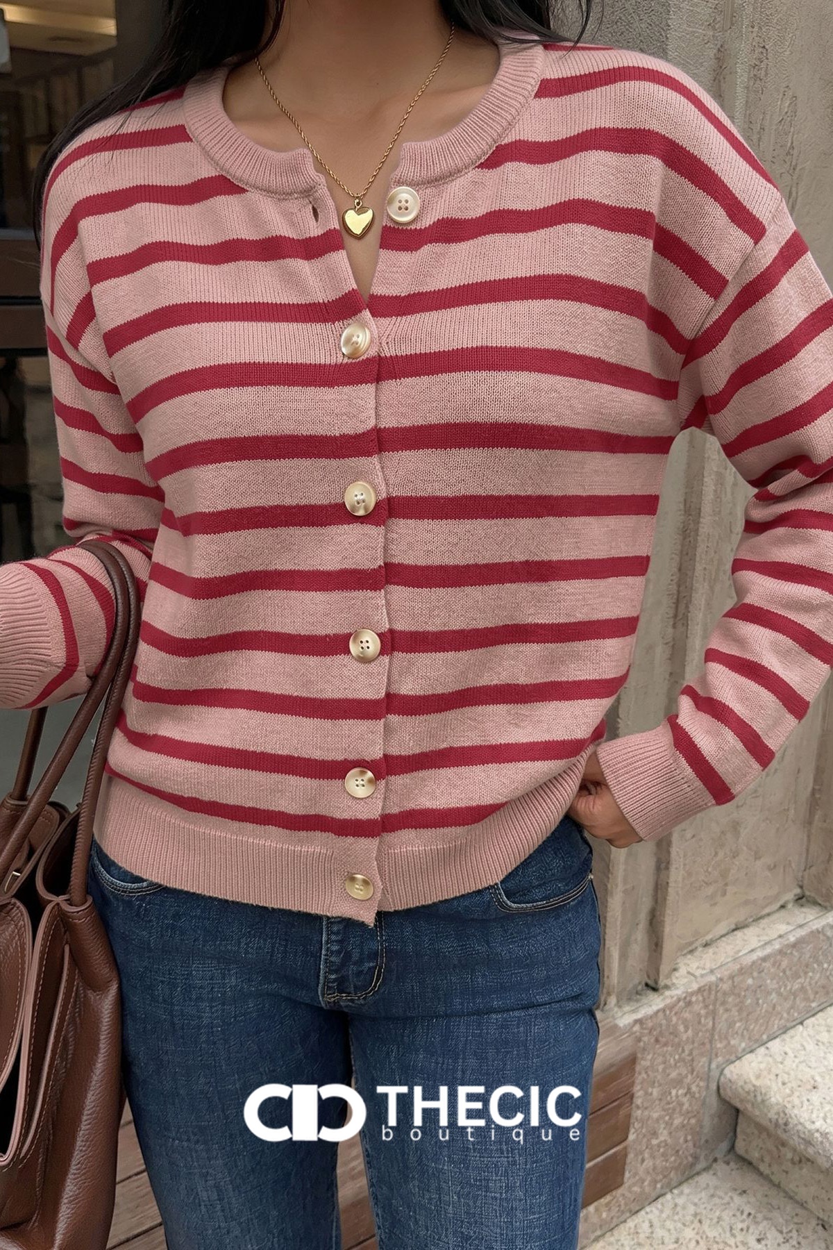 Knit Striped Round Neck Button Cardigan