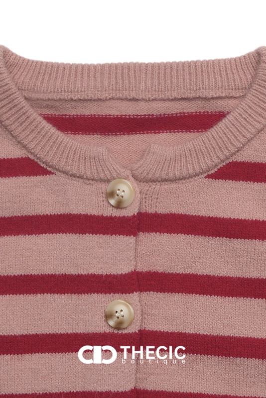 Knit Striped Round Neck Button Cardigan