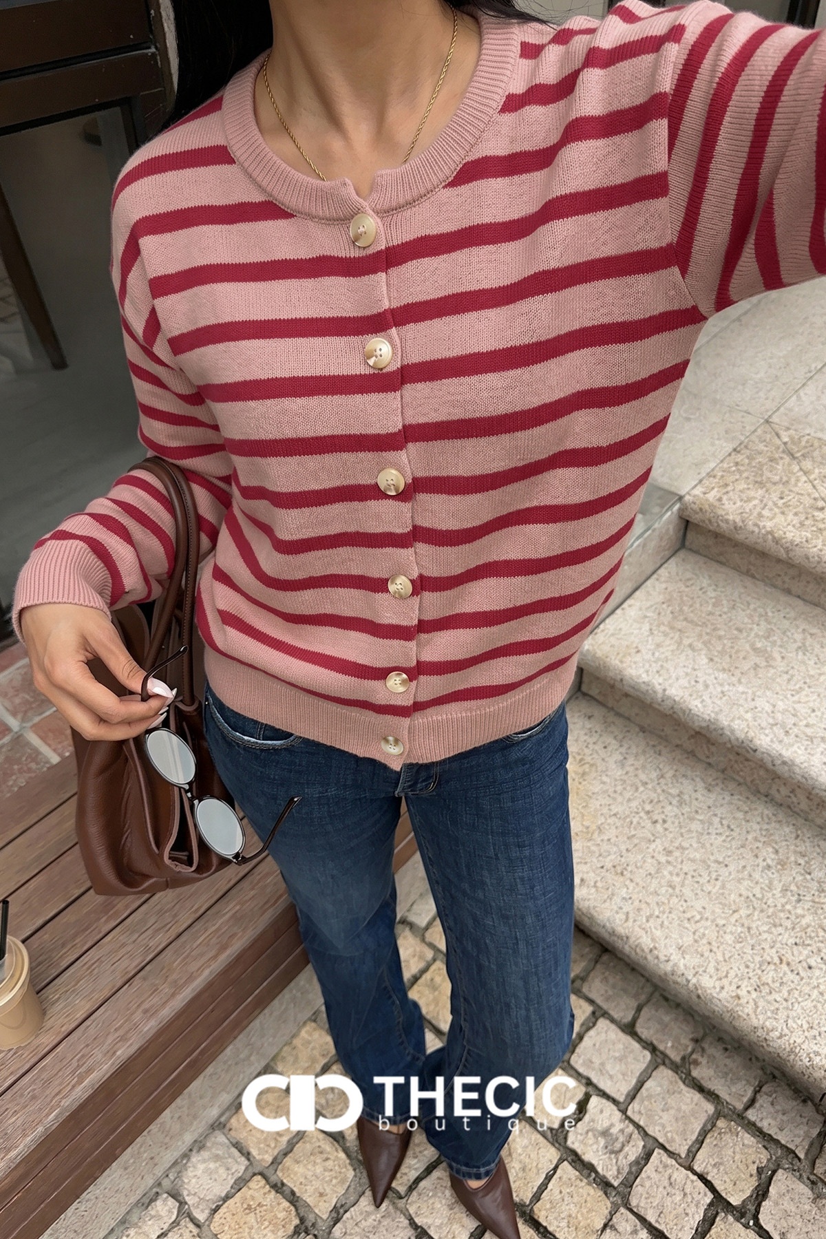 Knit Striped Round Neck Button Cardigan