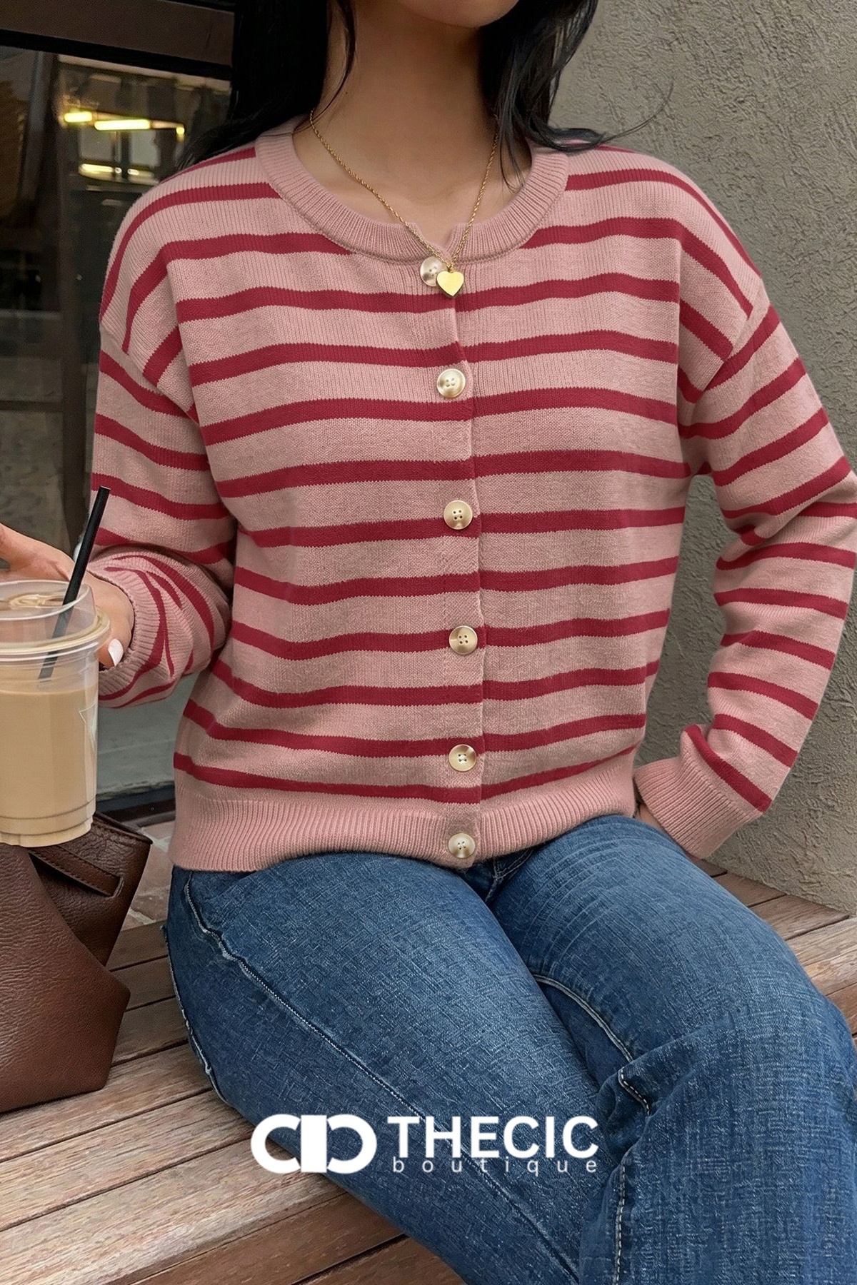 Knit Striped Round Neck Button Cardigan