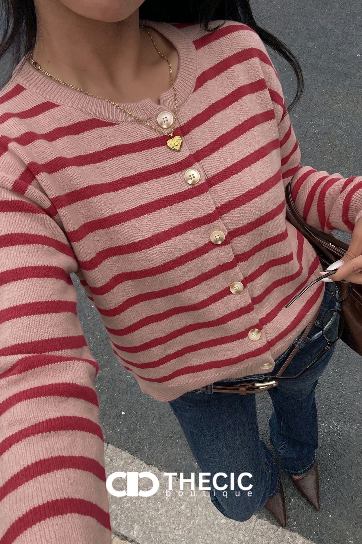 Knit Striped Round Neck Button Cardigan