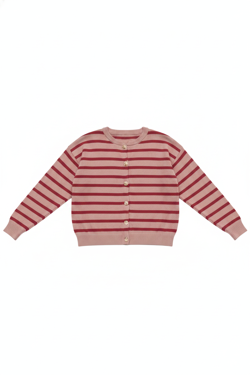 Knit Striped Round Neck Button Cardigan