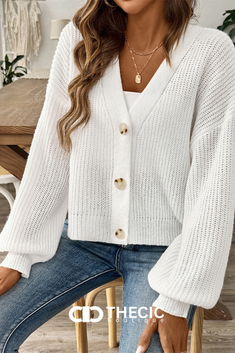 Knit V-Neck Button-Front Balloon Sleeve Cropped Cardigan