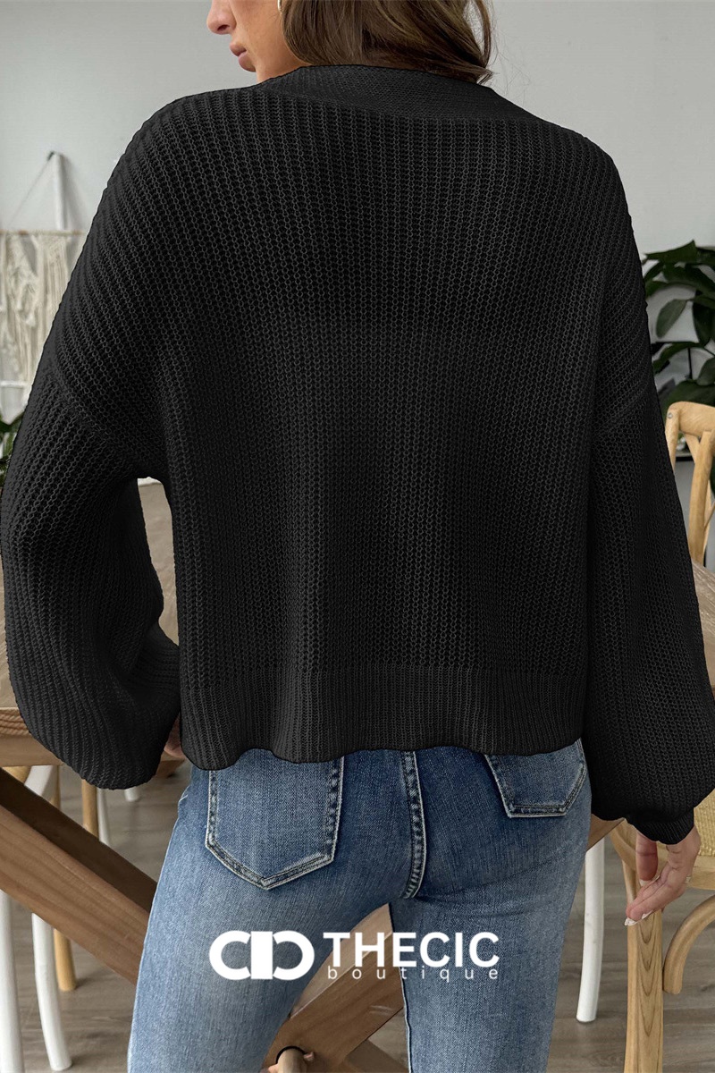 Knit V-Neck Button-Front Balloon Sleeve Cropped Cardigan
