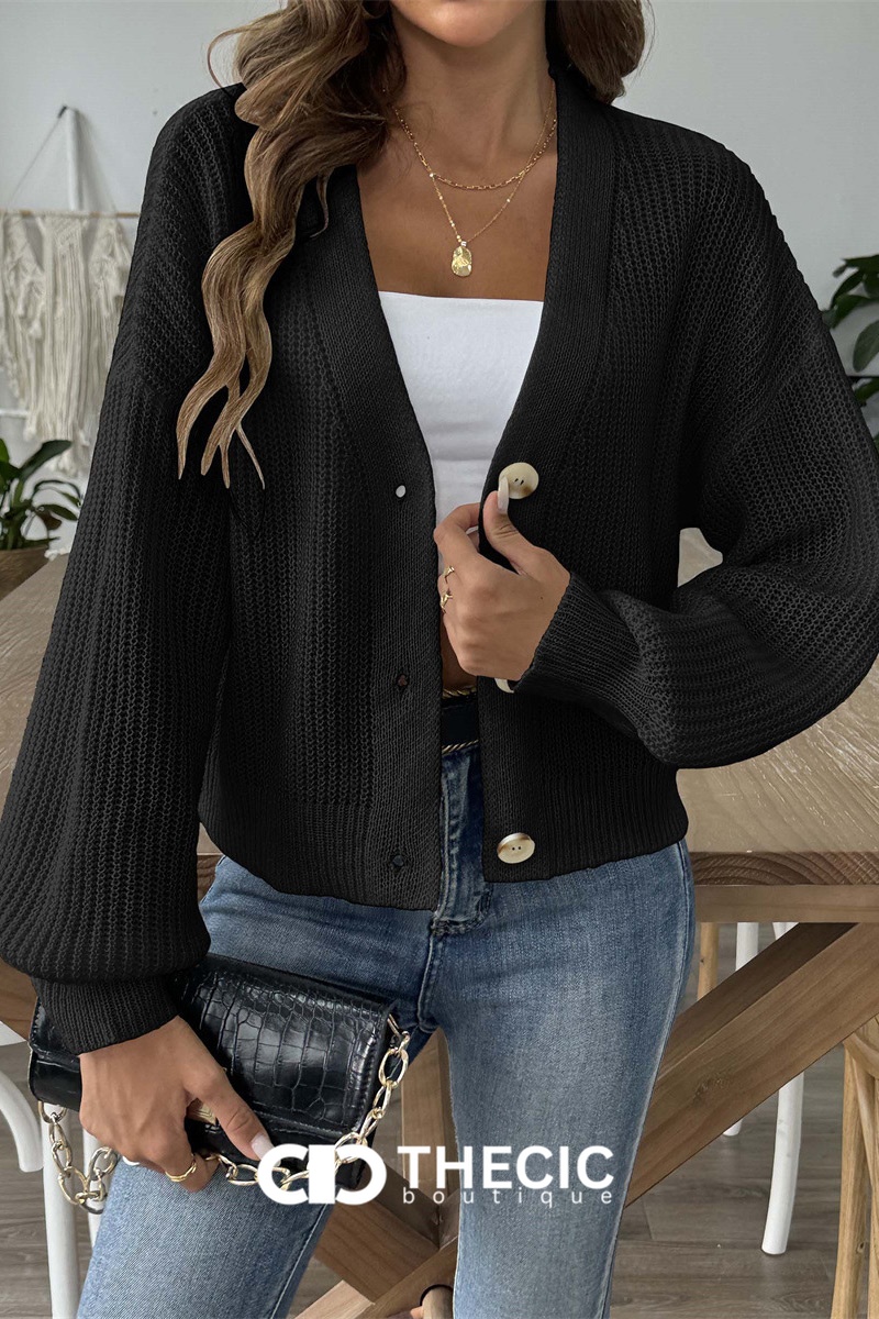 Knit V-Neck Button-Front Balloon Sleeve Cropped Cardigan