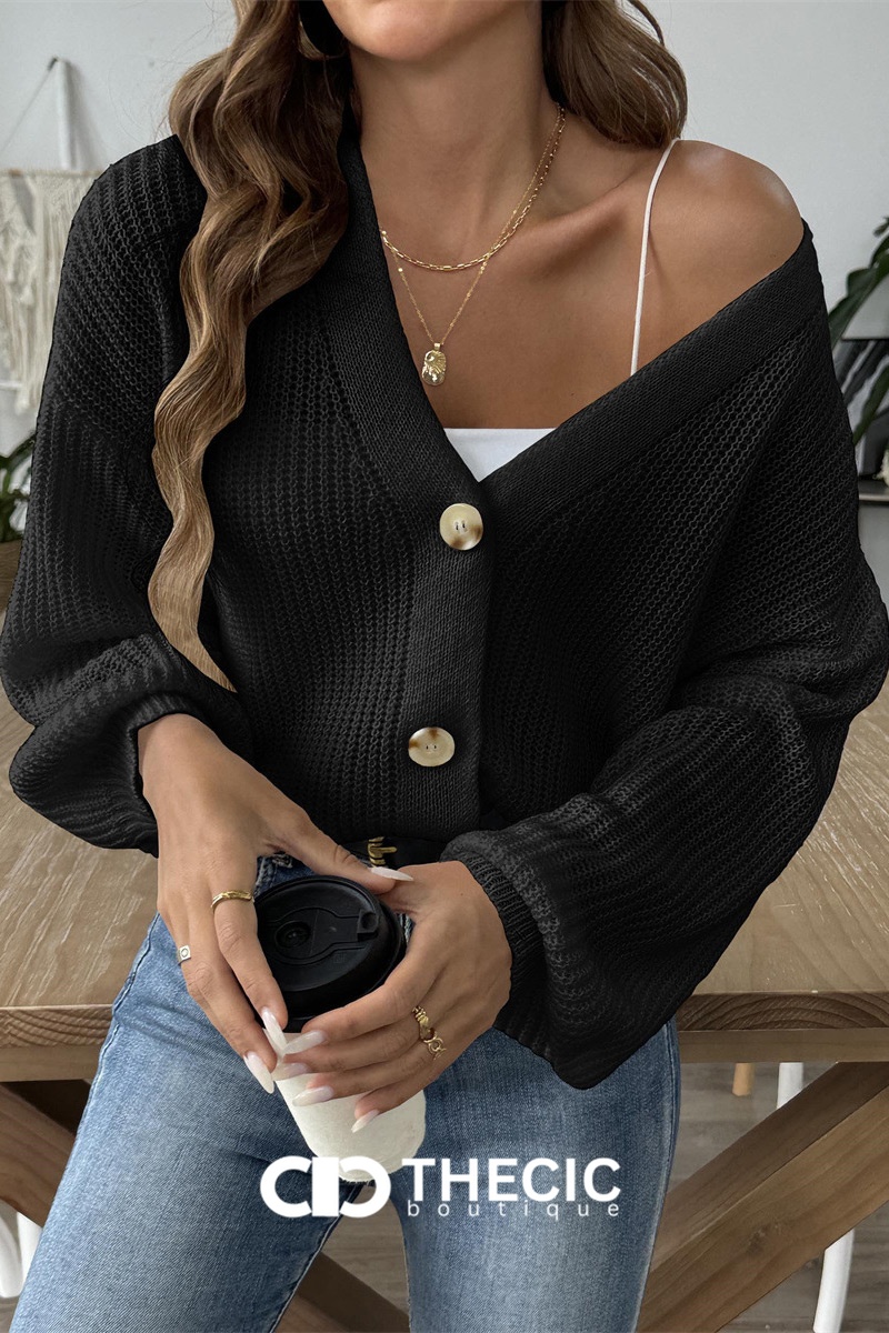 Knit V-Neck Button-Front Balloon Sleeve Cropped Cardigan