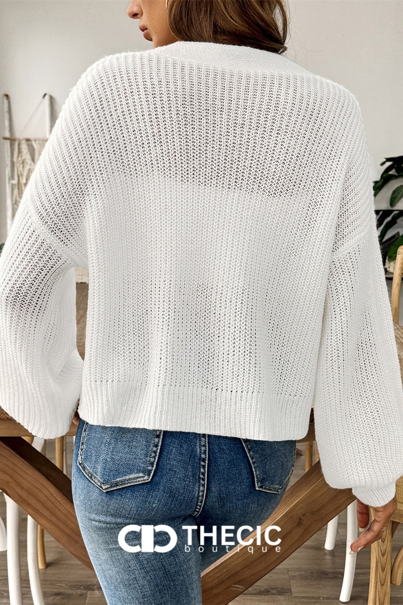 Knit V-Neck Button-Front Balloon Sleeve Cropped Cardigan