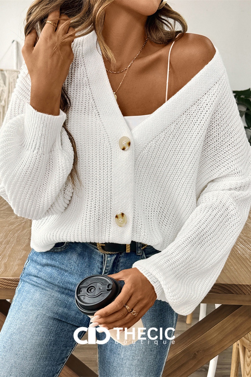 Knit V-Neck Button-Front Balloon Sleeve Cropped Cardigan
