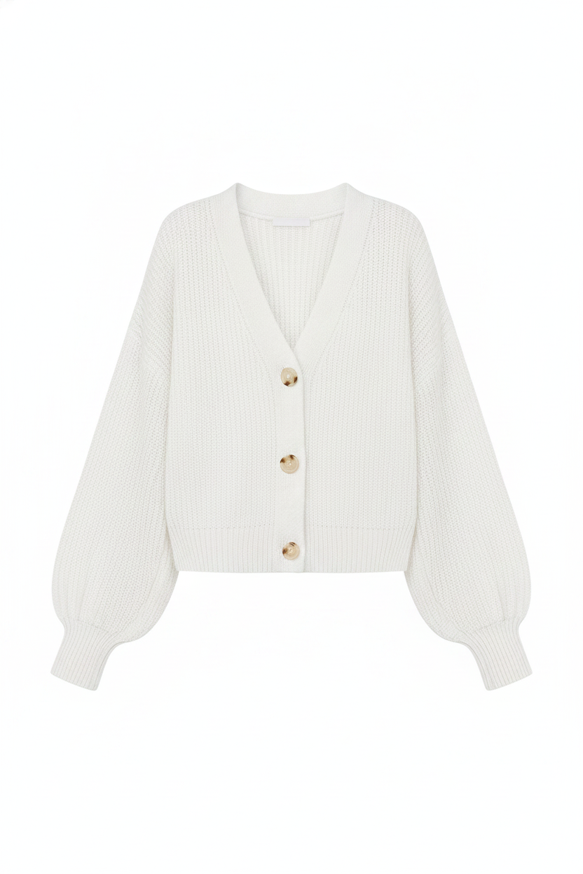 Knit V-Neck Button-Front Balloon Sleeve Cropped Cardigan