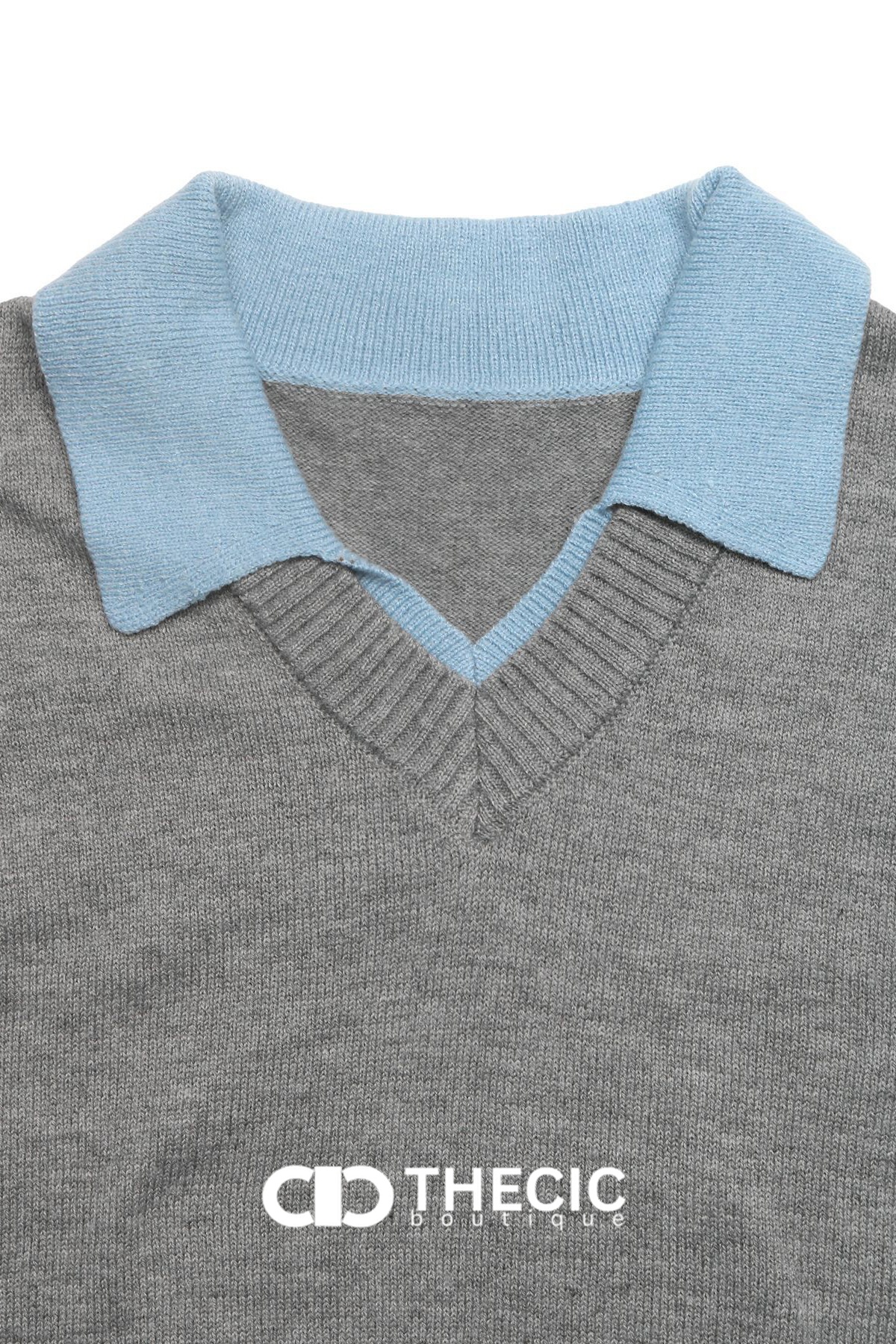 Knit V-Neck Polo Collar Sweater