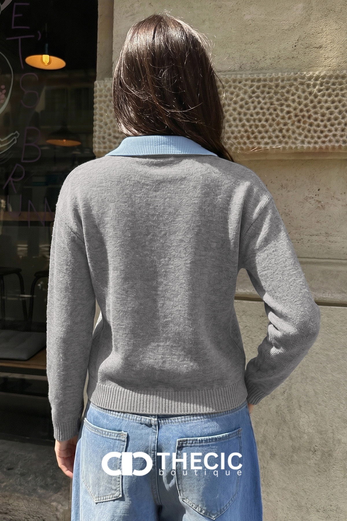 Knit V-Neck Polo Collar Sweater