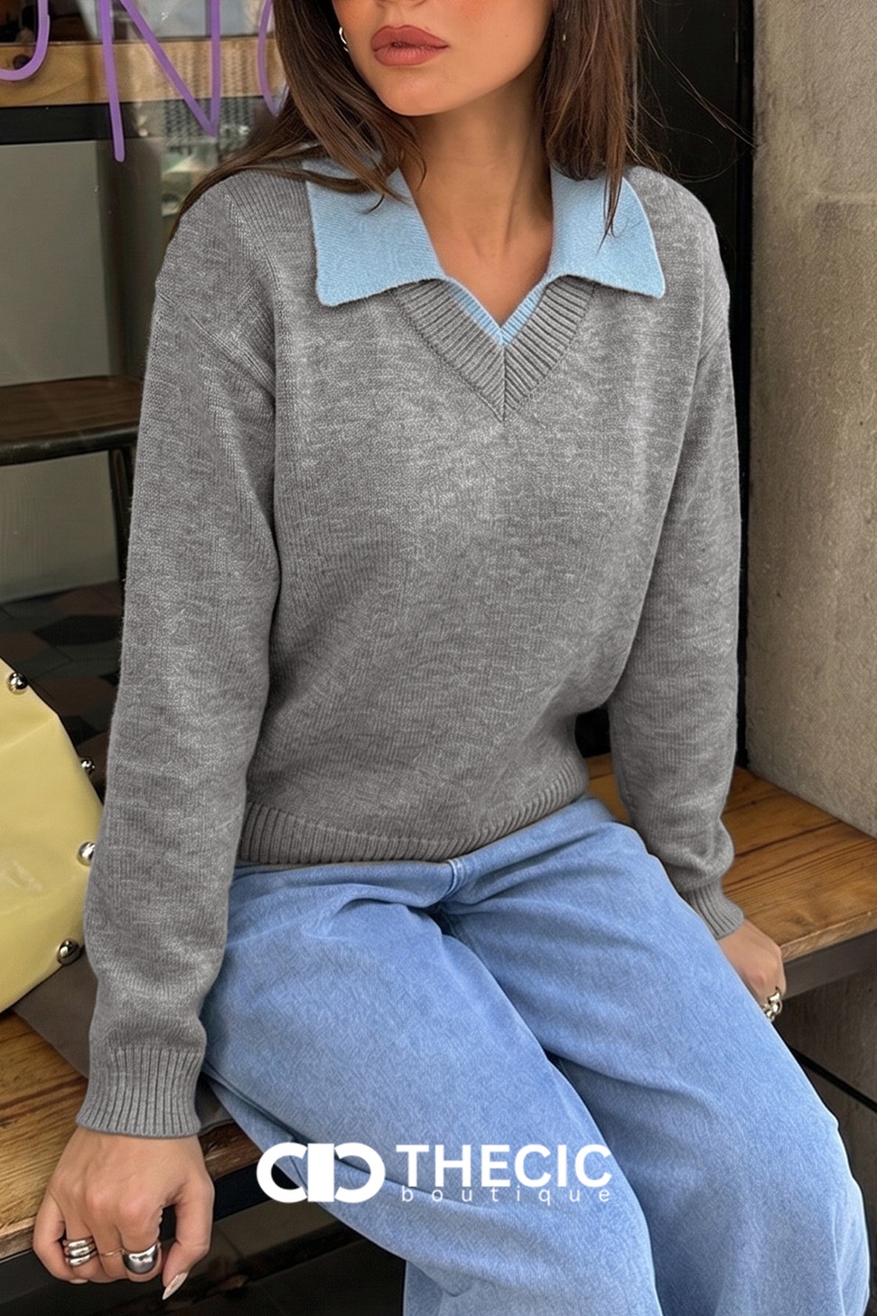 Knit V-Neck Polo Collar Sweater