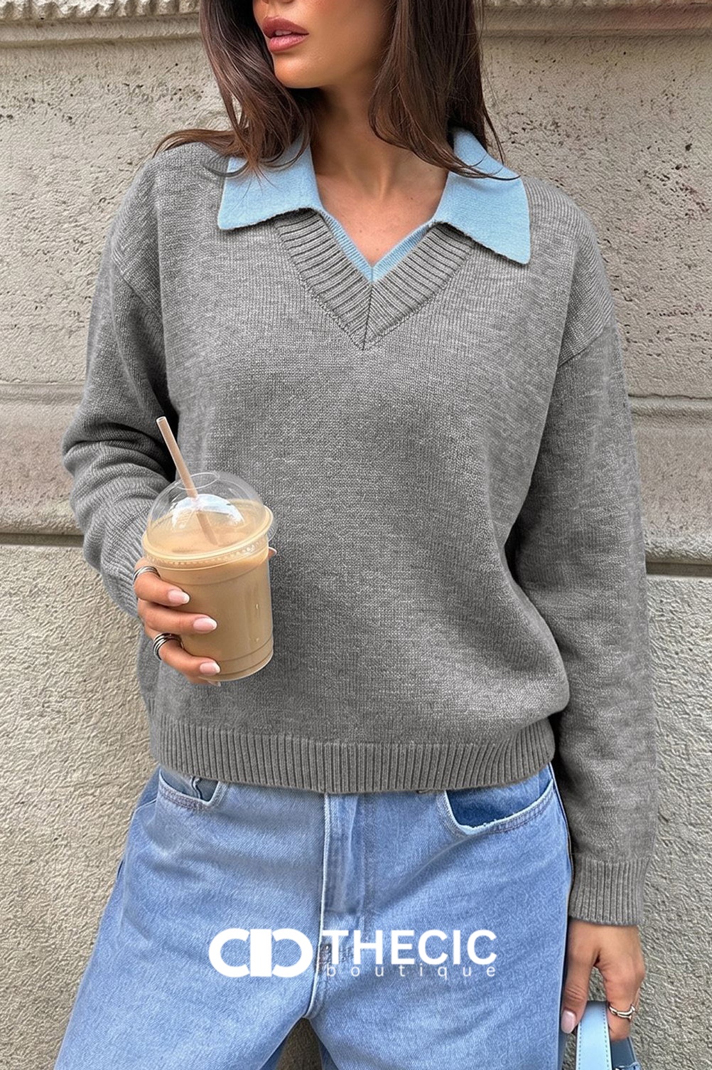 Knit V-Neck Polo Collar Sweater