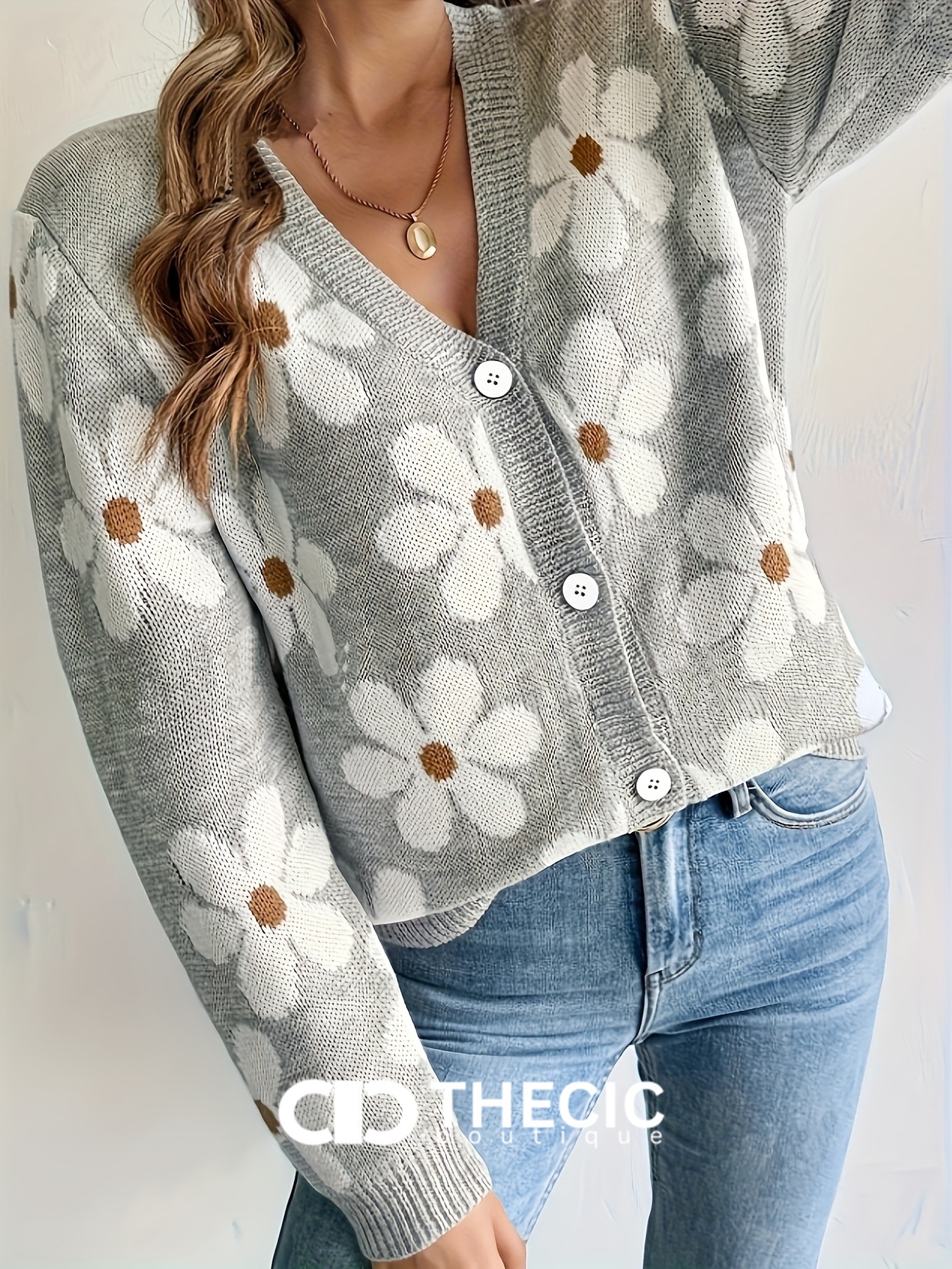 Knitted Floral V-Neck Button-Front Cardigan