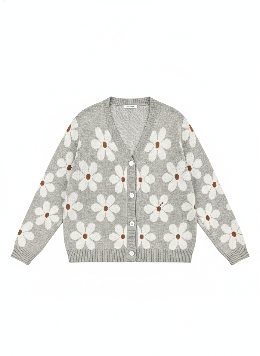 Knitted Floral V-Neck Button-Front Cardigan