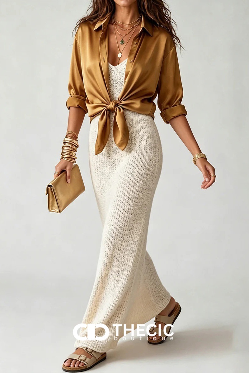 Satin Blouse Knitted Maxi Spaghetti Strap Slip Dress Two Piece Set