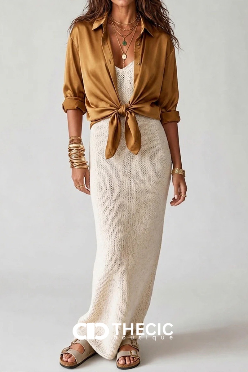 Satin Blouse Knitted Maxi Spaghetti Strap Slip Dress Two Piece Set