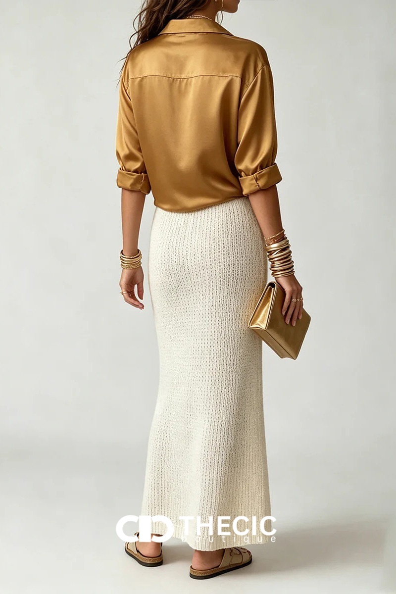 Satin Blouse Knitted Maxi Spaghetti Strap Slip Dress Two Piece Set