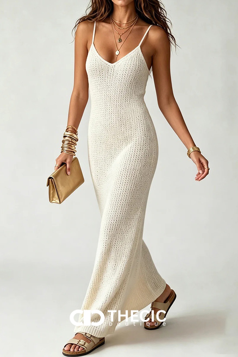 Satin Blouse Knitted Maxi Spaghetti Strap Slip Dress Two Piece Set