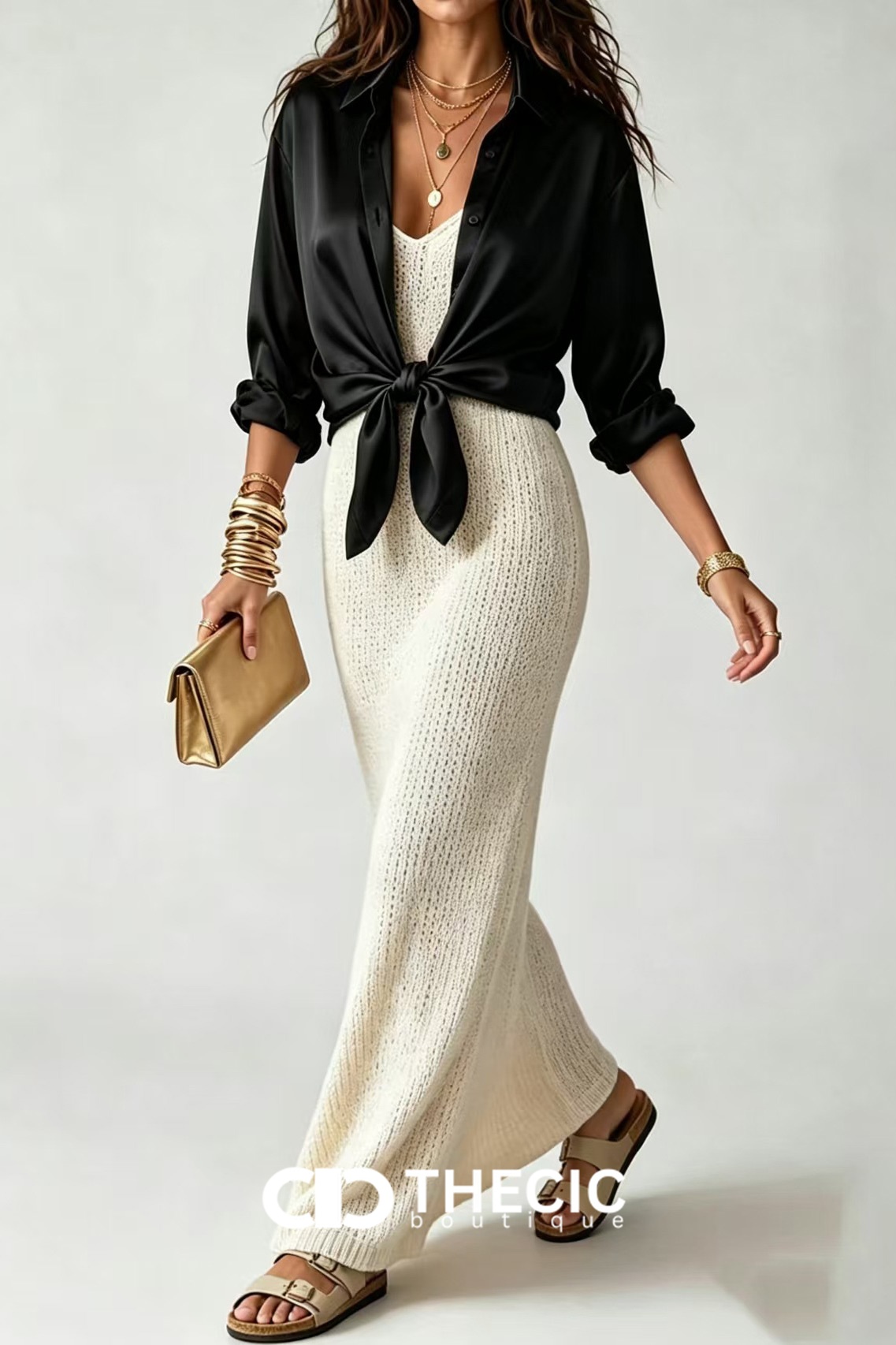 Satin Blouse Knitted Maxi Spaghetti Strap Slip Dress Two Piece Set