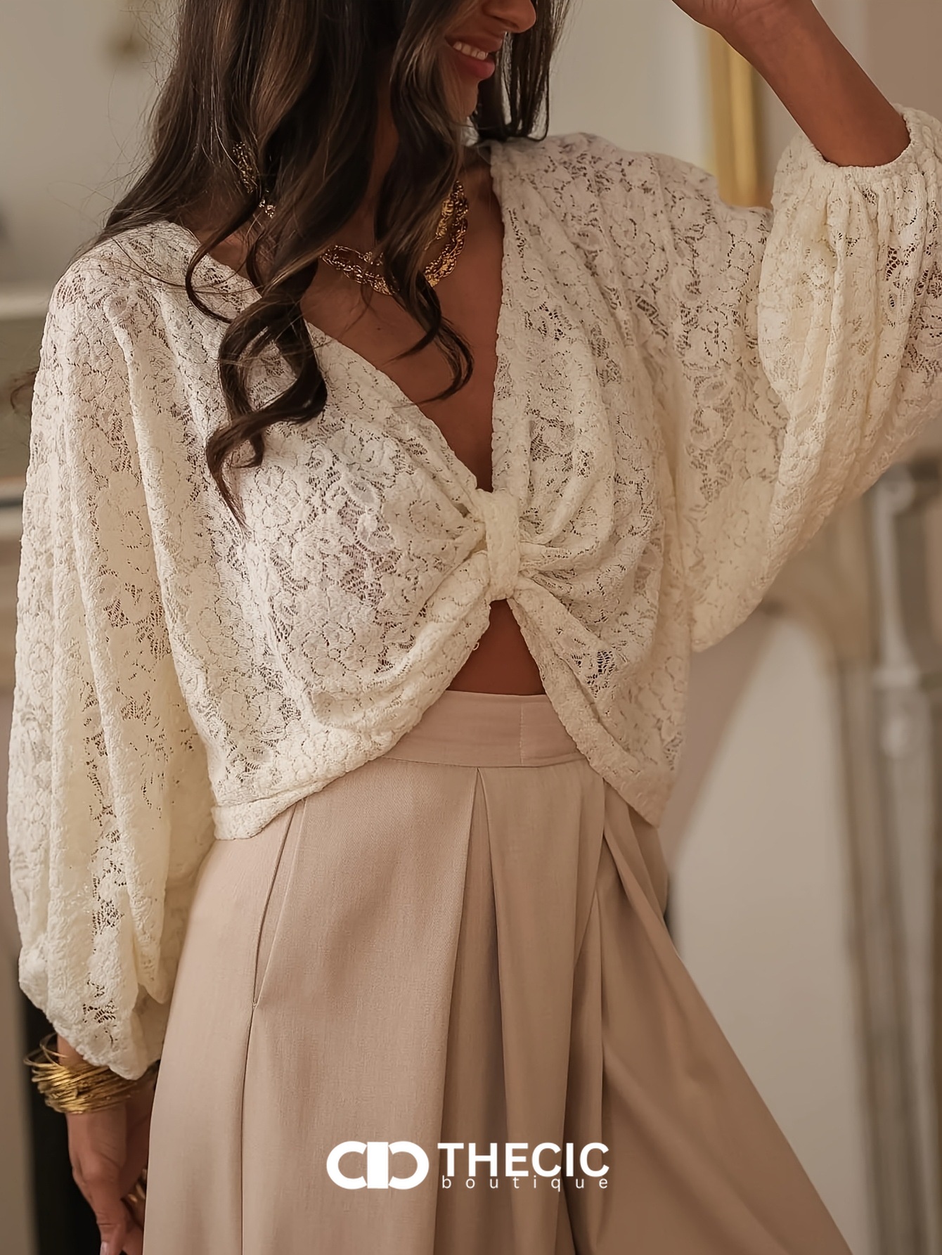 Lace Balloon Sleeve Bow Back Blouse